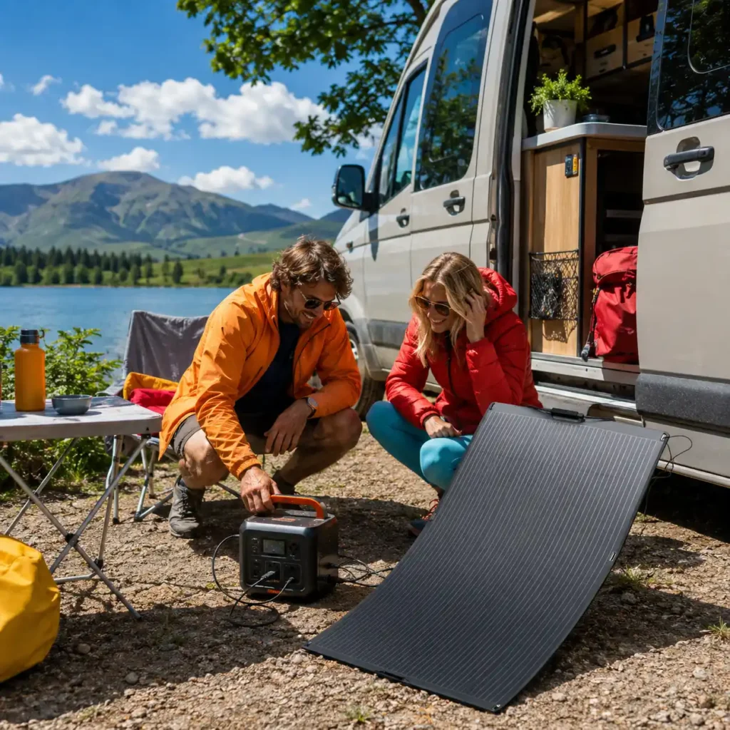 200W flexible solar panel connected to a portable power station at a lakeside campsite while campers use renewable solar energy for off-grid power.