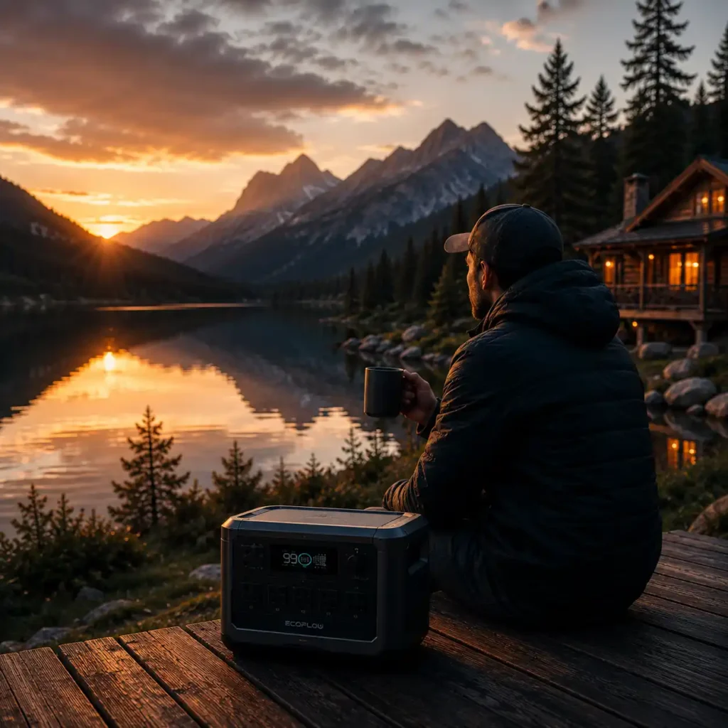 Person enjoying a peaceful mountain lake at sunset with a portable power station, representing reliable backup power and the mission of Power Ready Guide.