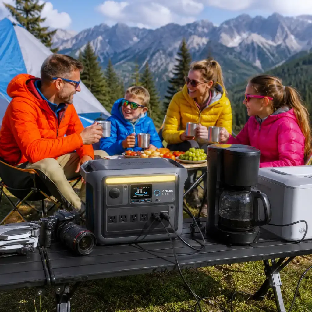 Anker SOLIX C1000 portable power station powering a portable refrigerator, coffee maker, laptops, outdoor lighting, and camera equipment at a modern family campsite in the mountains.