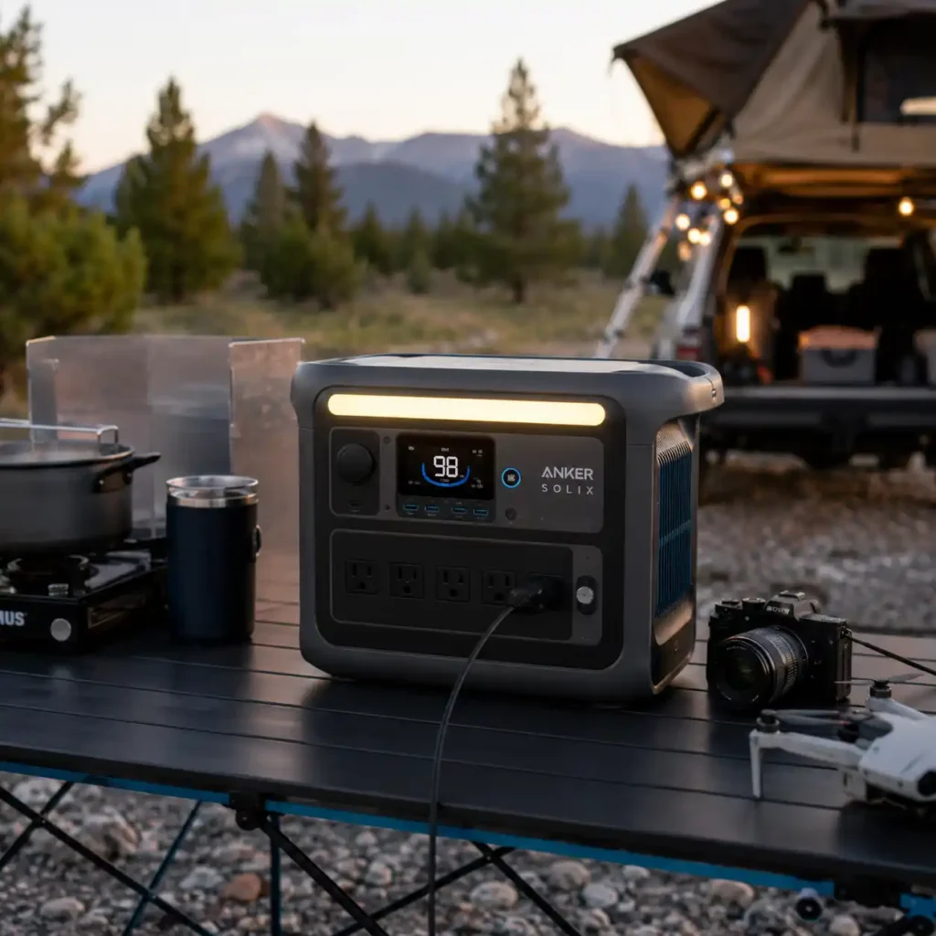 Anker SOLIX C1000 portable power station powering camping gear at an overlanding campsite during sunset.