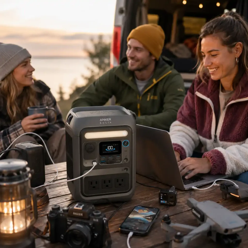 Anker SOLIX C300 portable power station powering a laptop, smartphone, camera equipment, and drone during a lakeside camping trip with friends at sunset.