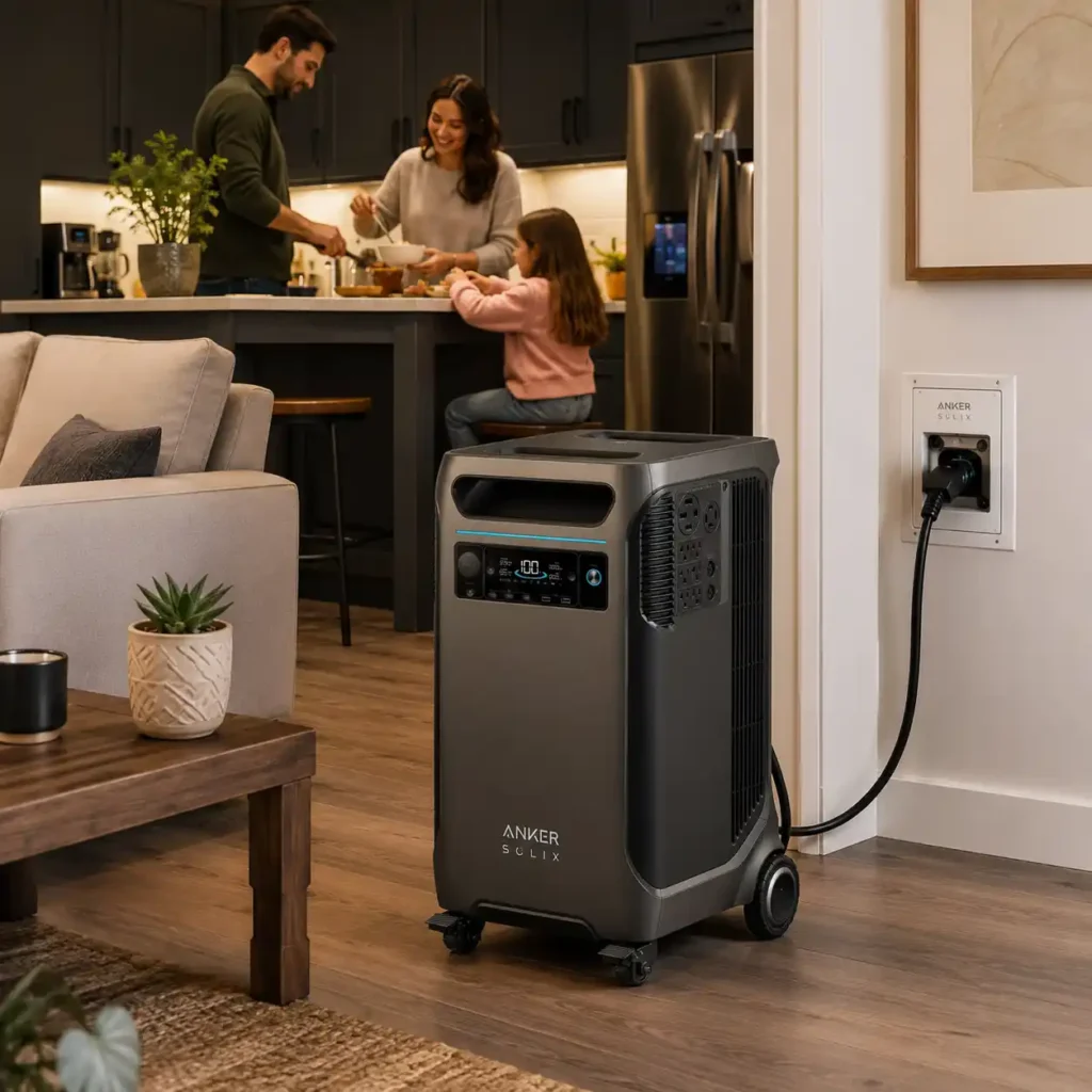 Anker SOLIX F3800 portable power station providing backup power in a modern home while a family continues normal daily activities during a power outage.