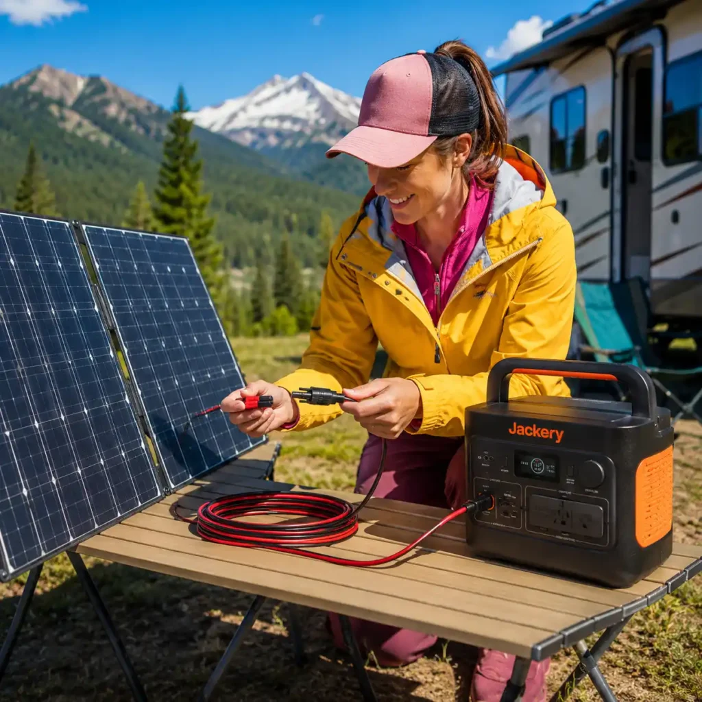 Ansoufien 10AWG Solar Connector to Anderson Adapter Cable connecting a portable solar panel to a Jackery portable power station at a sunny mountain RV campsite.