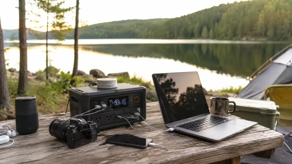 Best 1000Wh portable power station powering camping and outdoor essentials beside a scenic mountain lake.