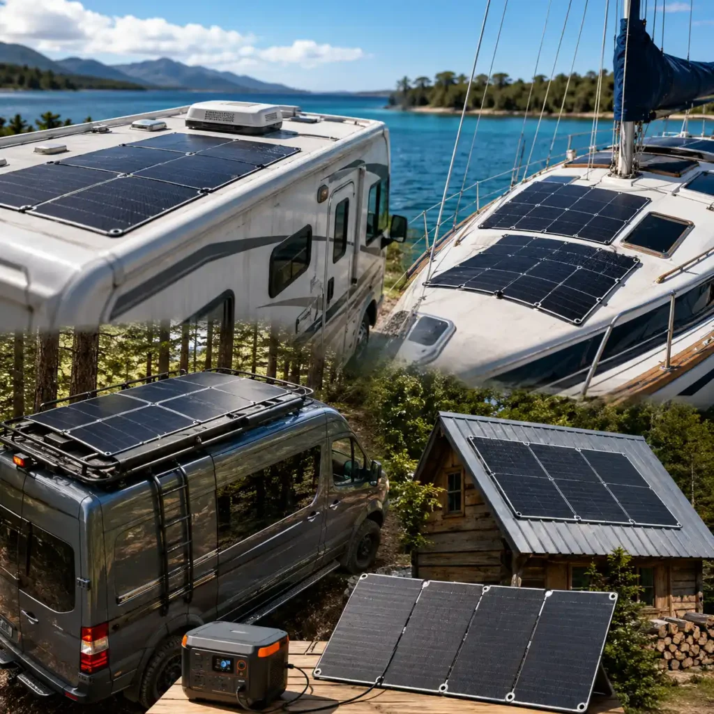 Flexible solar panels installed on an RV, camper van, sailboat, and off-grid cabin, illustrating real-world solar power applications for travel and outdoor living.