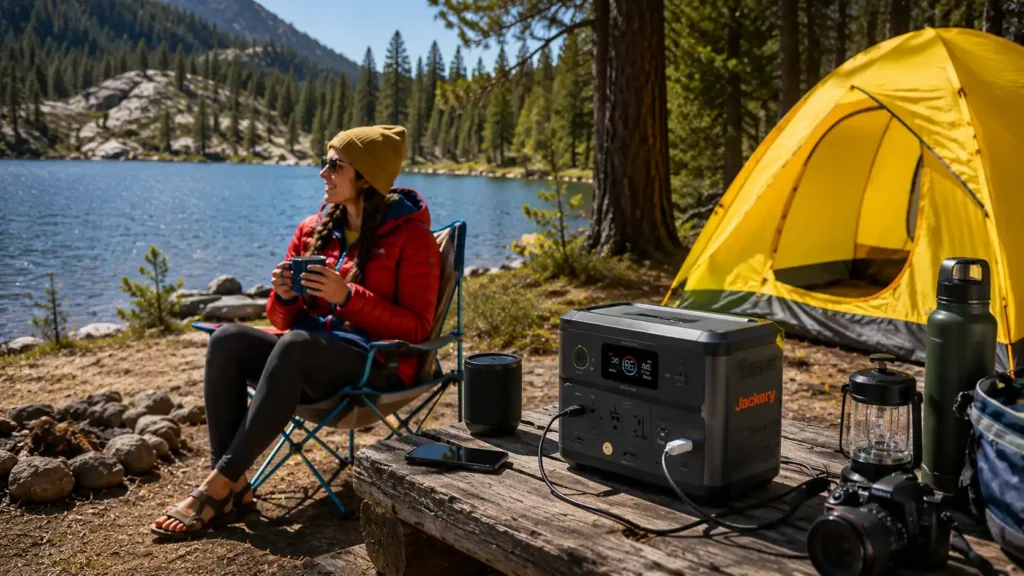 Portable power station at a sunny lakeside campsite with a bright yellow tent and camper relaxing outdoors.
