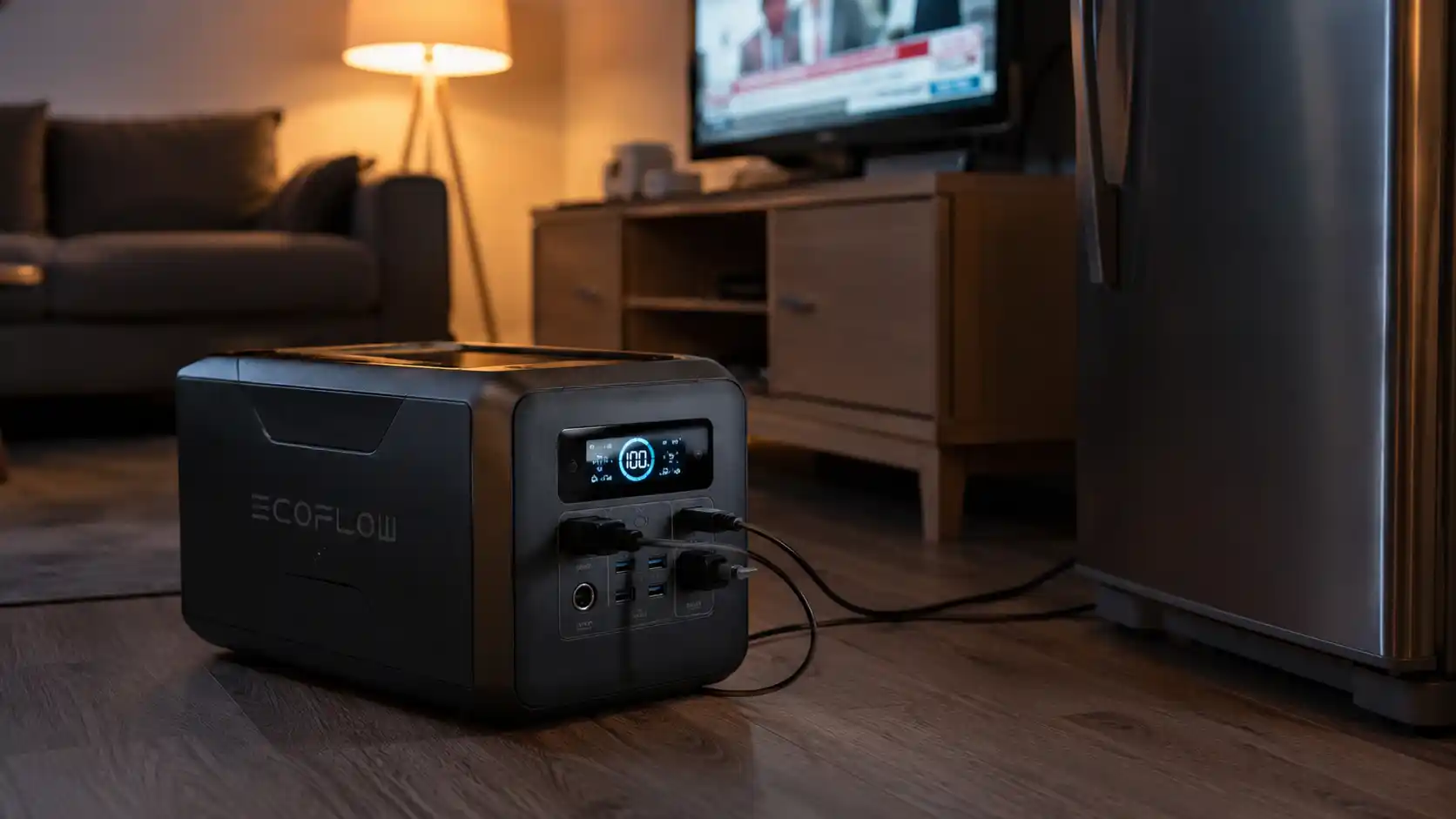 Portable power station providing backup electricity for essential home appliances during a residential power outage