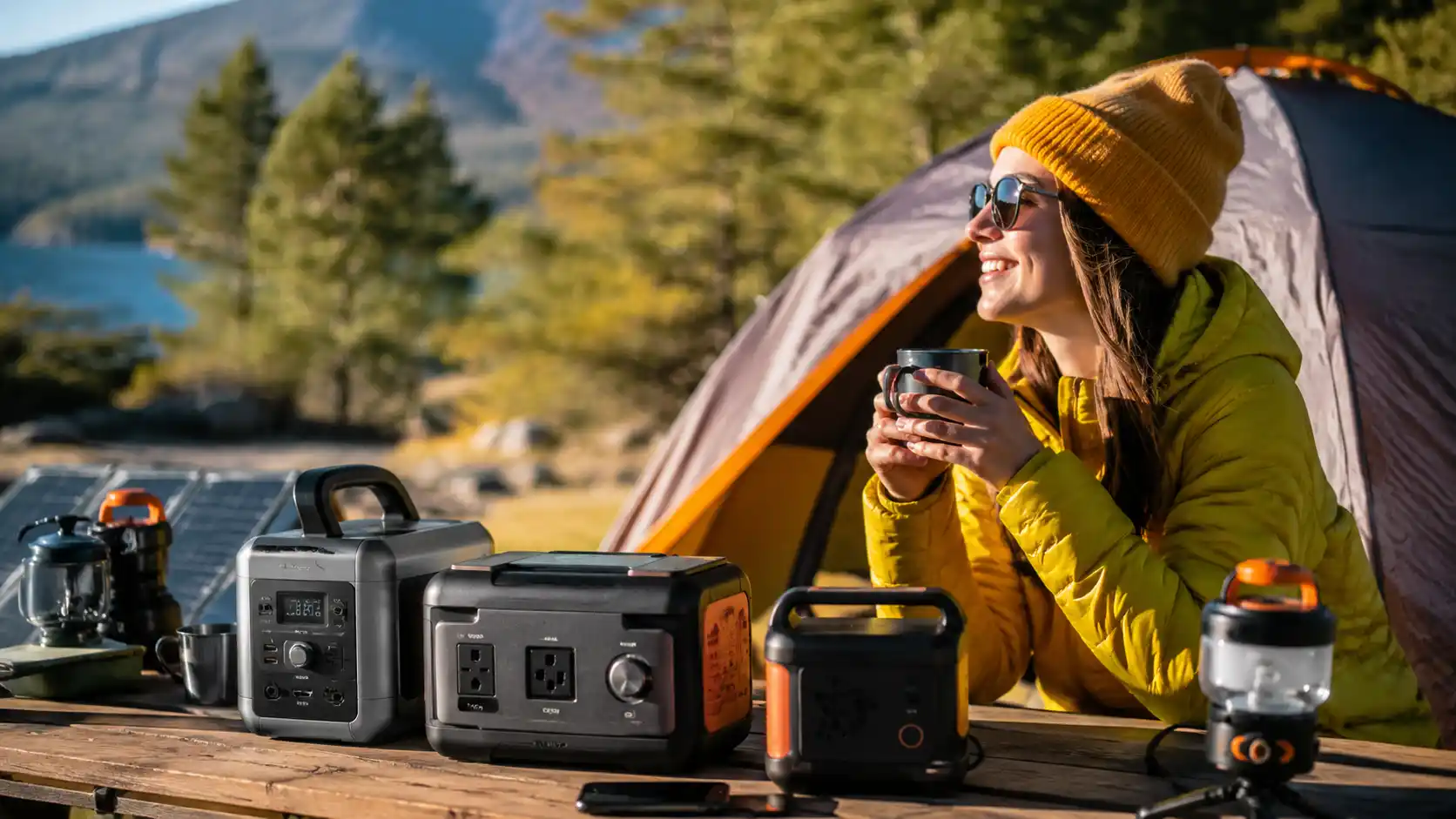 Best portable power stations under $500 at a sunny campsite with campers, solar panels, and outdoor gear