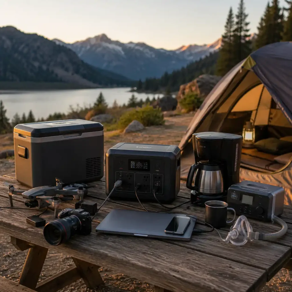Portable power station powering common camping devices including a portable refrigerator, laptop, camera, drone, coffee maker, smartphone, and CPAP machine at a campsite.