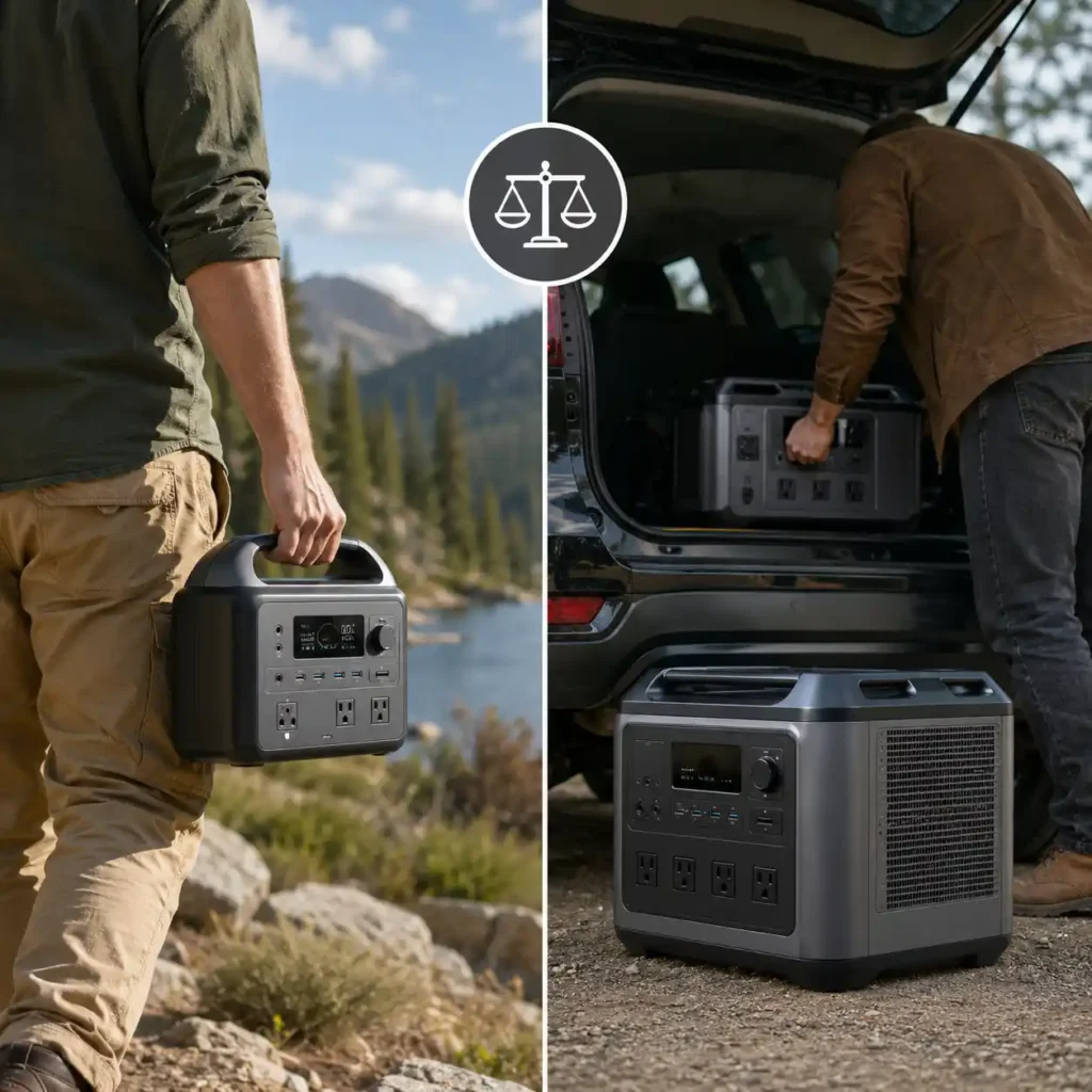 Person carrying a compact portable power station beside a lake compared with a larger portable power station being loaded into an SUV, illustrating the trade-off between portability and battery capacity.