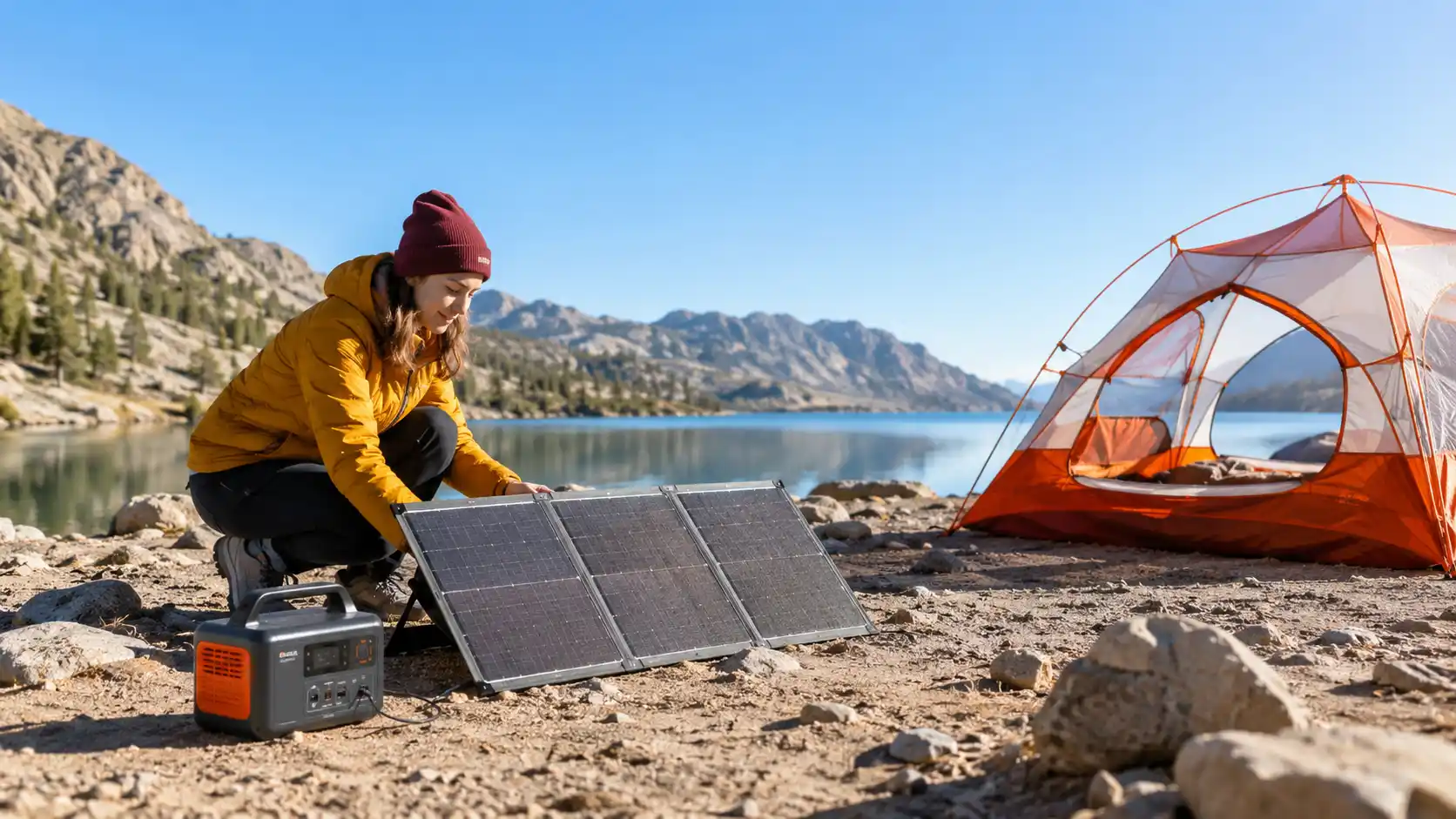 Portable solar panels powering a portable power station at a sunny lakeside campsite with mountains in the background