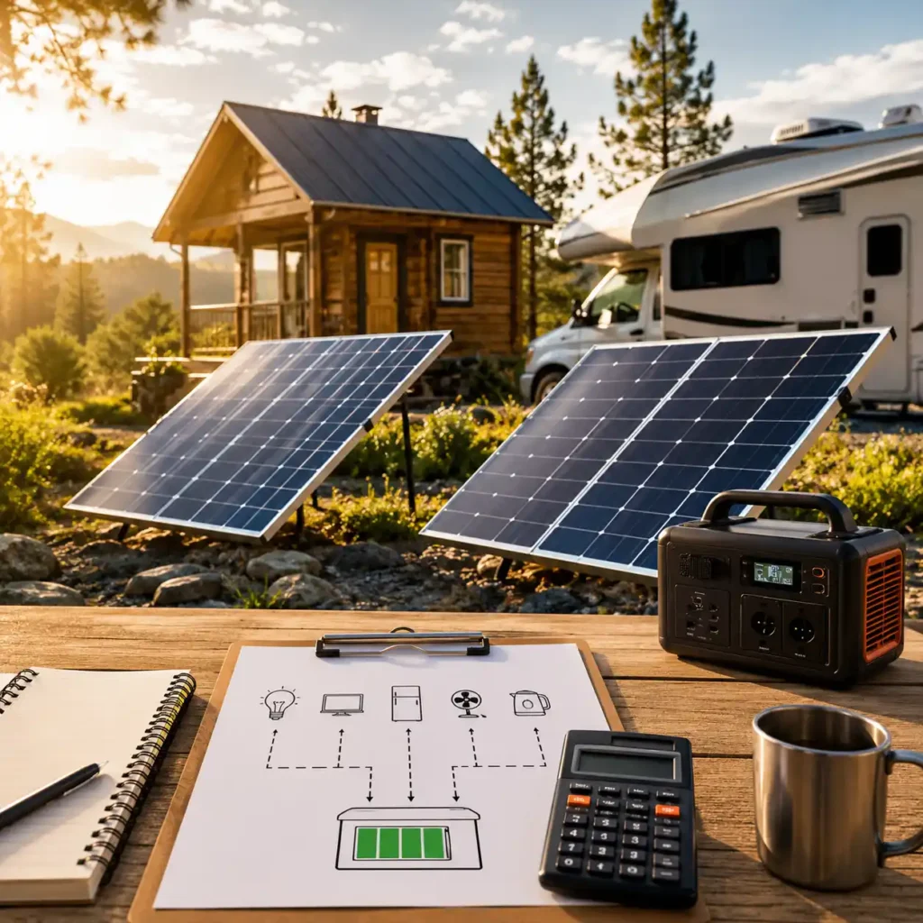 Two rigid solar panels powering an RV and an off-grid cabin with a portable power station, illustrating how to estimate daily solar energy needs.