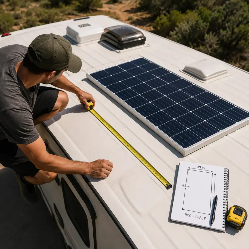 Person measuring available roof space on an RV before installing a rigid solar panel to ensure proper fit and efficient placement.