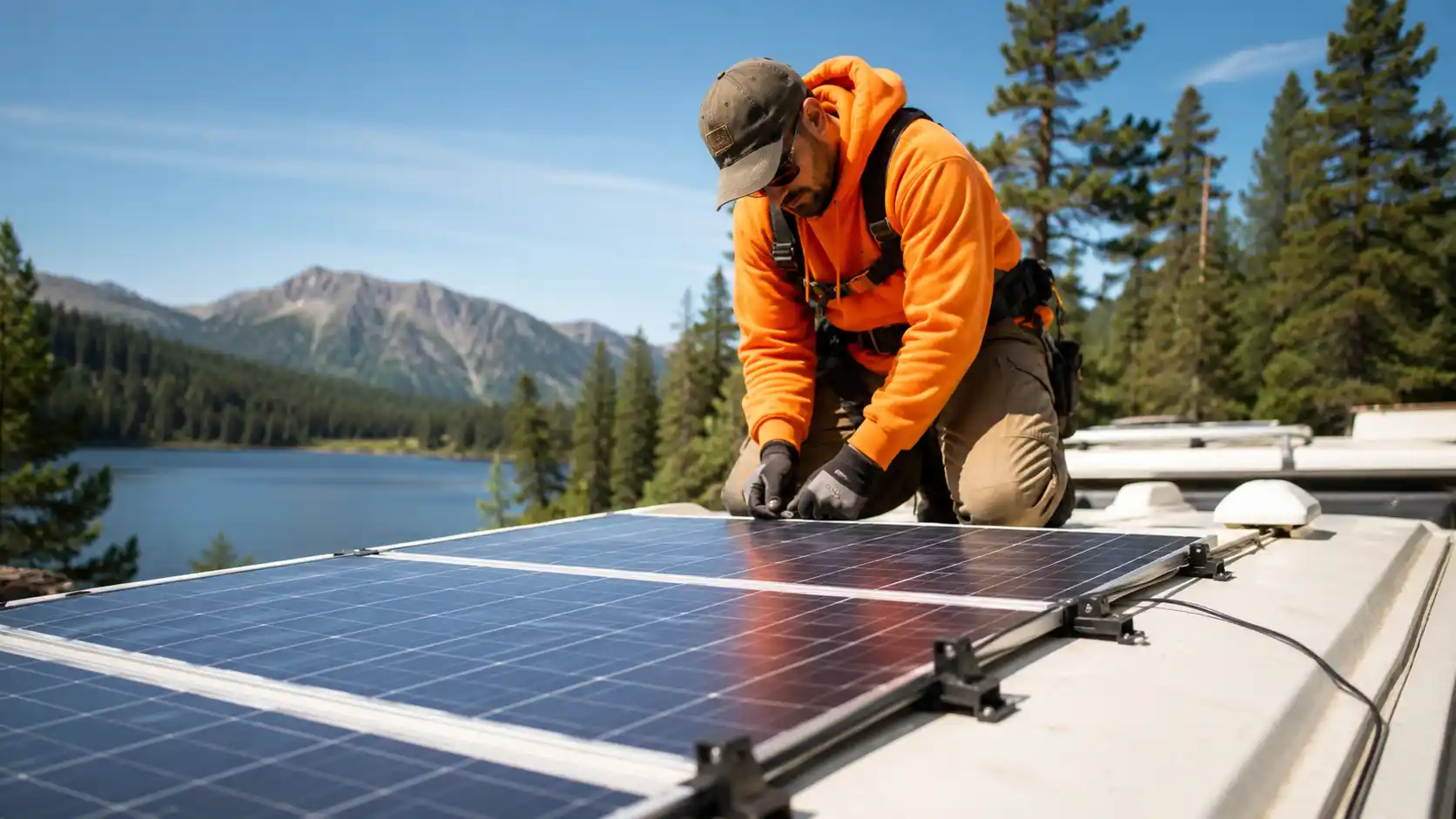 Technician installing rigid solar panels on an RV roof overlooking a mountain lake on a sunny day
