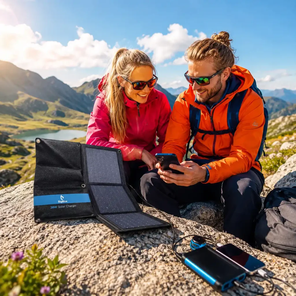 Hikers using the BigBlue SolarPowa 28 foldable solar charger to charge a smartphone and power bank during a sunny mountain hiking trip.