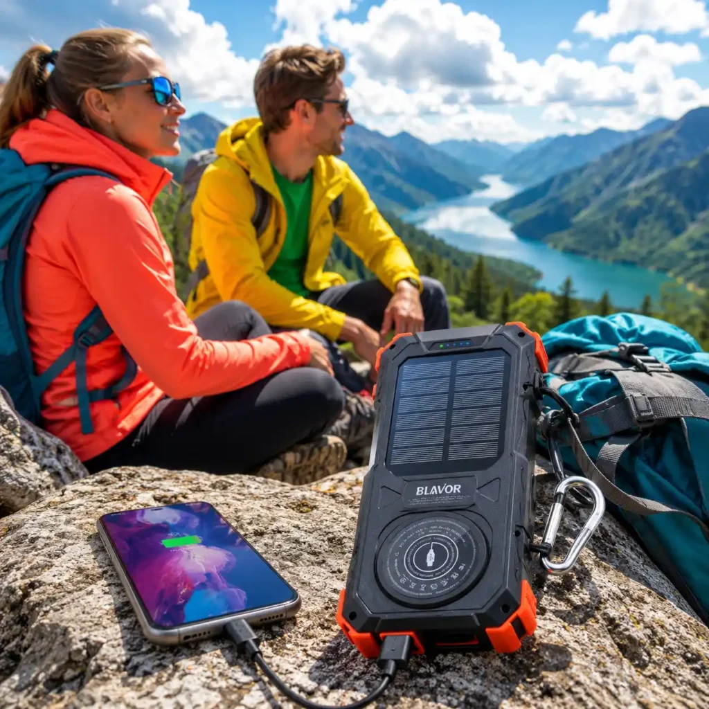 Hikers using the BLAVOR Solar Power Bank to charge a smartphone during a sunny mountain hiking trip with backpacks and scenic lake views.