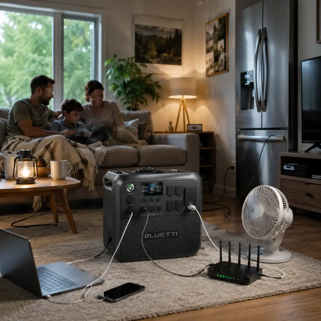 BLUETTI AC200L portable power station providing backup power to essential household devices during a home power outage.