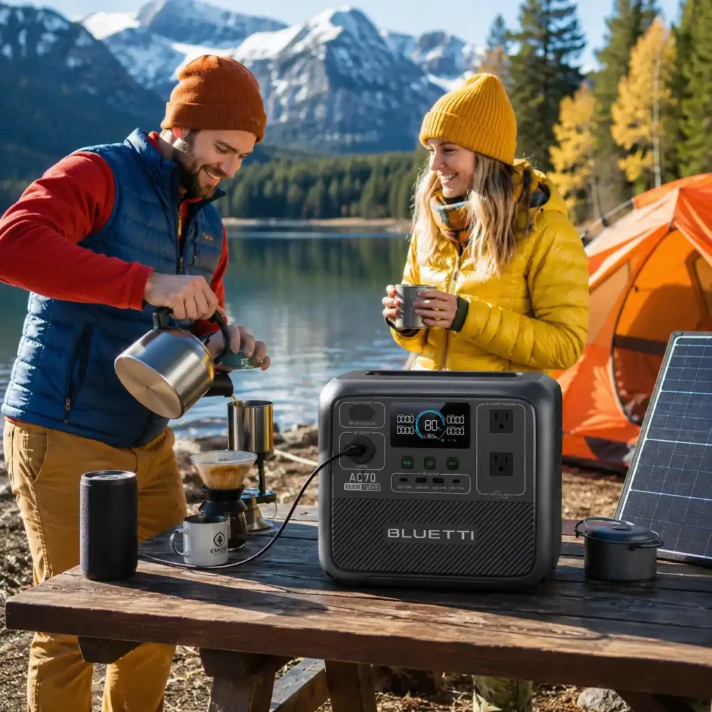BLUETTI AC70 portable power station powering coffee equipment and camping essentials at a scenic lakeside campsite with hikers.