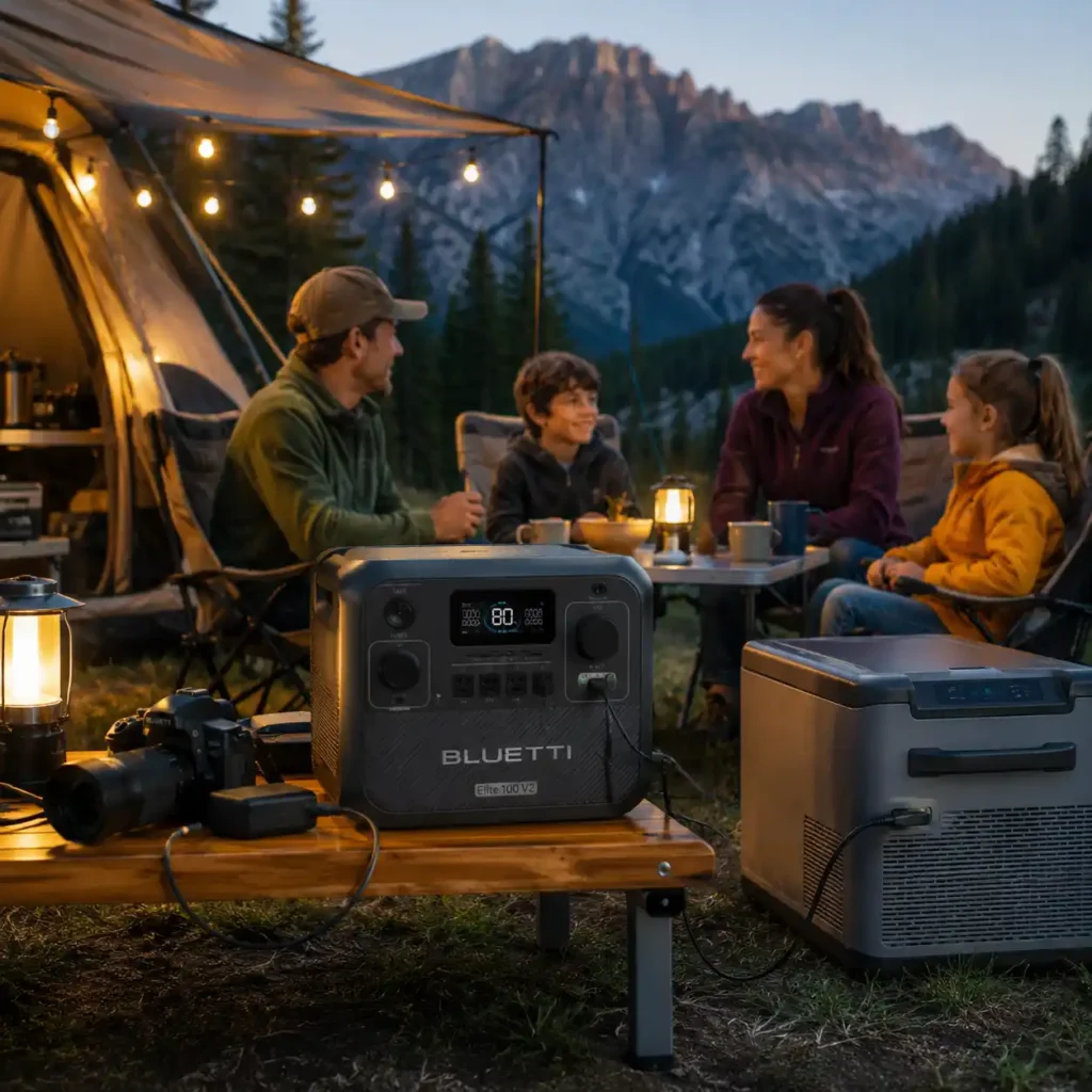 BLUETTI Elite 100 V2 portable power station powering a portable refrigerator, outdoor lighting, laptops, and camera batteries at a family campsite in the mountains.