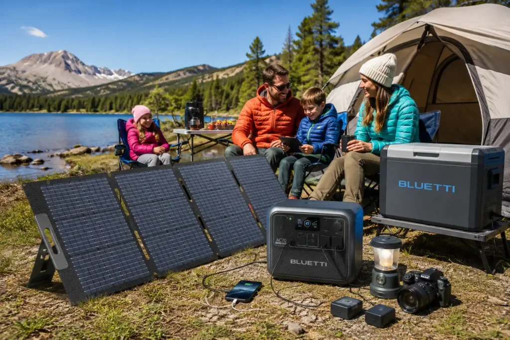 BLUETTI PV200 portable solar panel connected to a BLUETTI portable power station while powering a camping refrigerator, LED lantern, charging smartphones, and camera batteries at a family lakeside campsite on a sunny day.