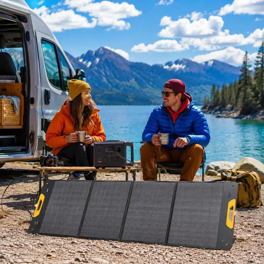 BougeRV 200W portable foldable solar panel with N-Type solar cells, fiberglass construction, integrated carrying handles, and charging cables for off-grid power.