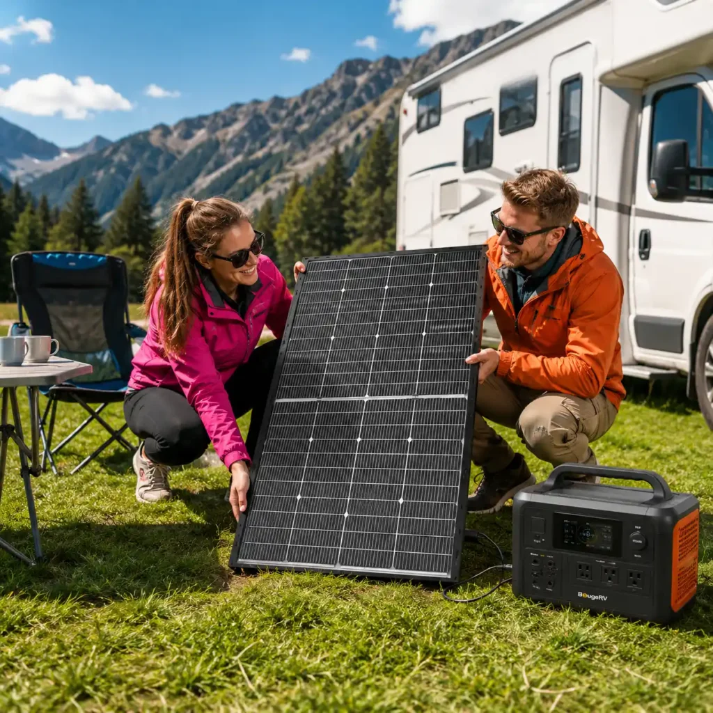 Couple setting up the BougeRV 200W TOPCon N-Type Rigid Solar Panel beside an RV during an off-grid camping trip with a portable power station.
