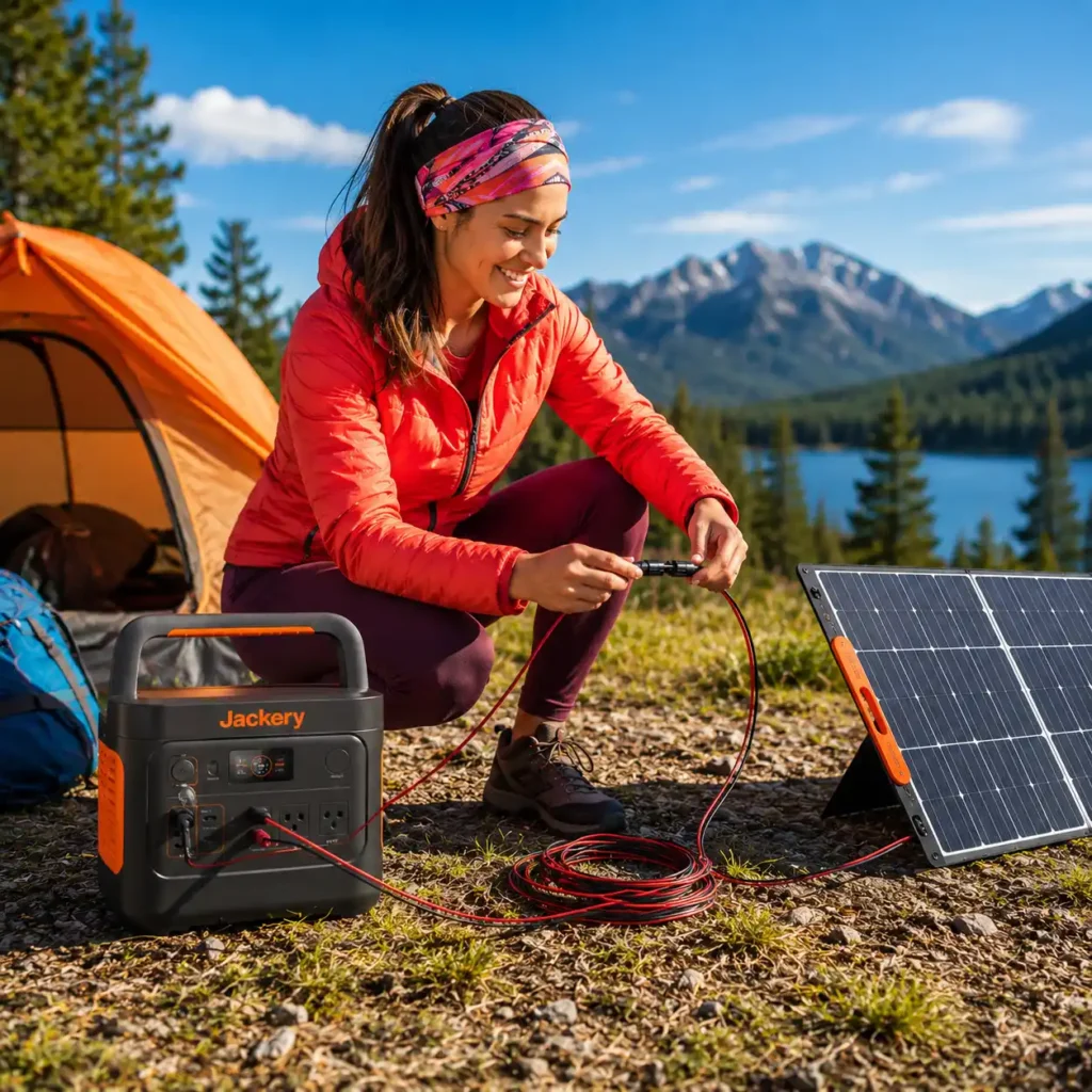 COMeap solar panel extension cable connecting a portable solar panel to a Jackery portable power station at a sunny lakeside campsite.