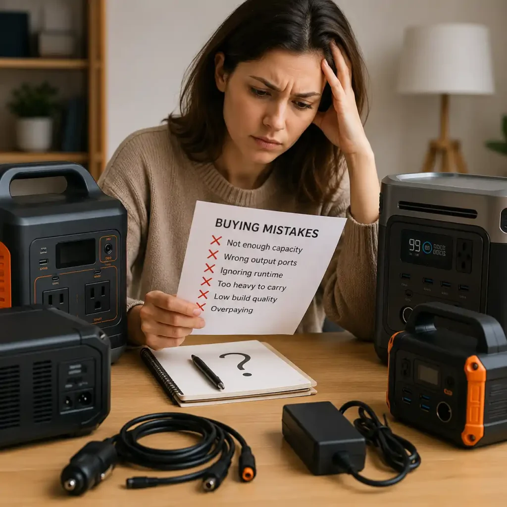 Person comparing several portable power stations while reviewing common buying mistakes before choosing the right backup power solution.