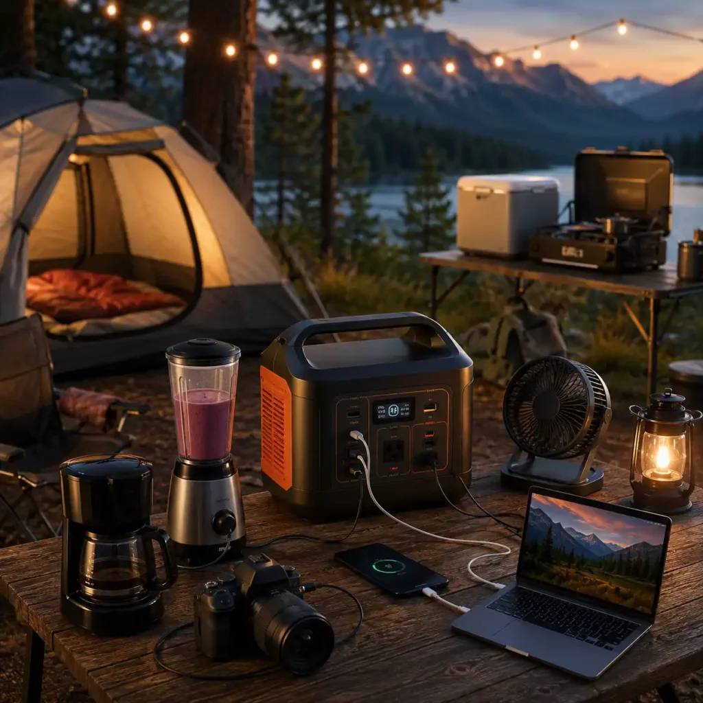 Portable power station powering common camping devices including a laptop, coffee maker, lantern, fan, camera, and smartphone at a scenic campsite.