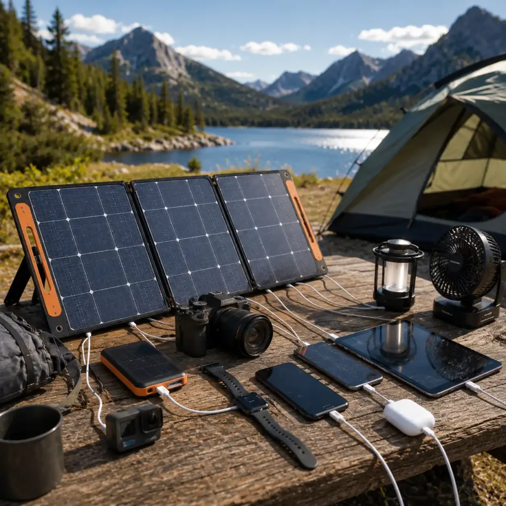 Foldable solar charger powering a smartphone, tablet, camera, smartwatch, power bank, action camera, lantern, and portable fan at a sunny lakeside campsite.