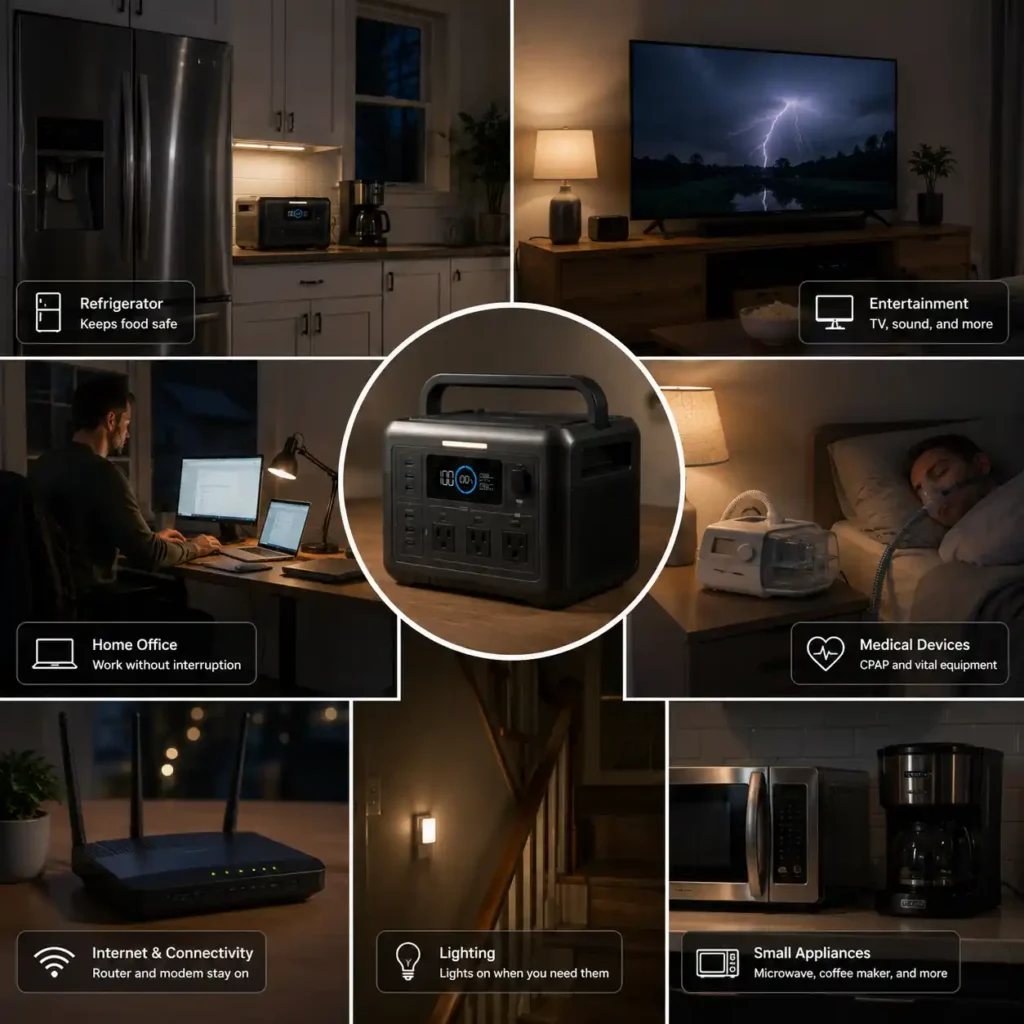 Portable power station supporting common home backup scenarios, including a refrigerator, home office, Wi-Fi router, lighting, medical devices, entertainment system, and small household appliances during a power outage.