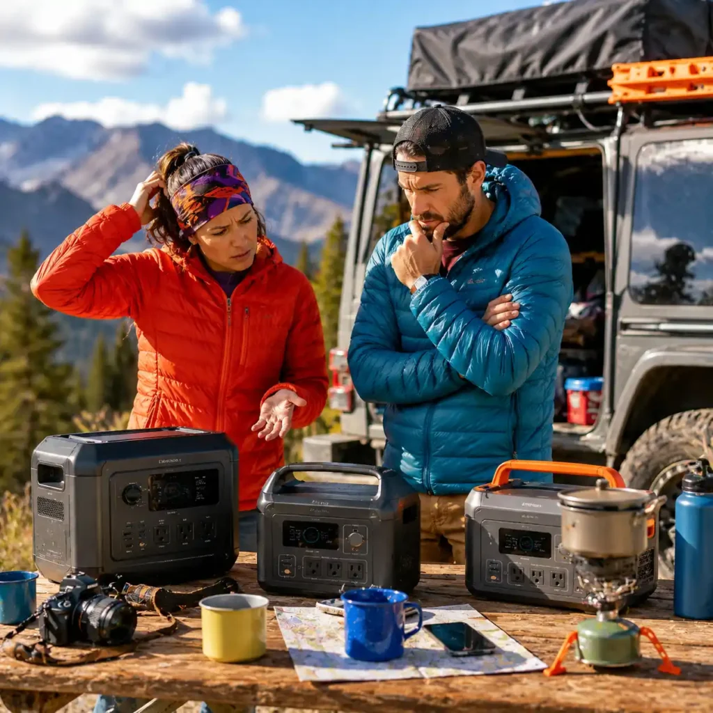 Campers comparing portable power stations at a mountain campsite before choosing the right model for their camping needs.