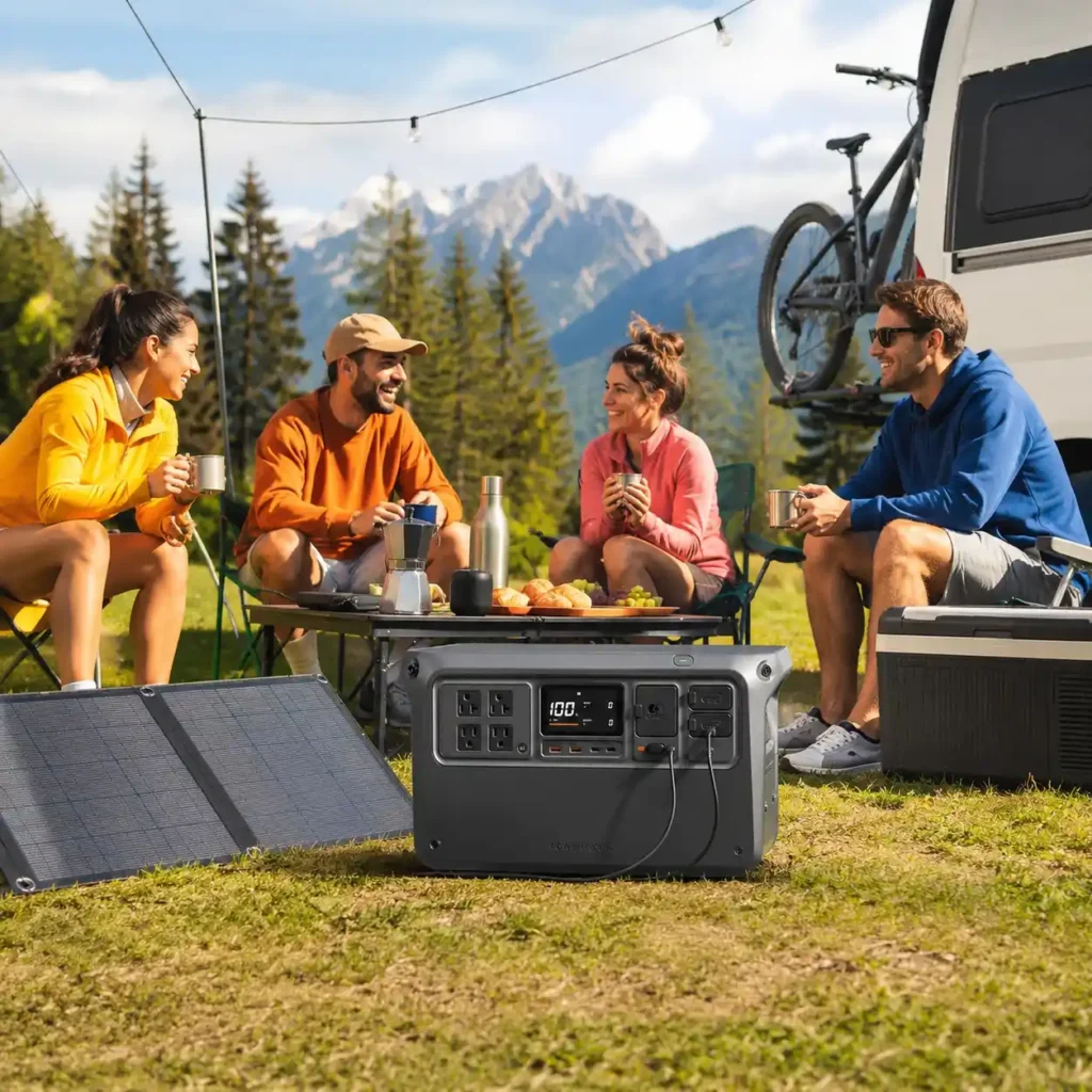 DJI Power 1000 portable power station powering camping equipment beside a camper van while friends enjoy a weekend RV camping trip in the mountains.