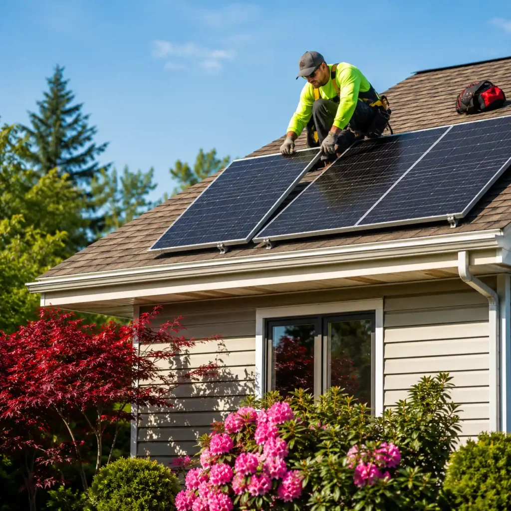 Installer mounting ECO-WORTHY 195W Monocrystalline Rigid Solar Panels on the roof of a residential home during a sunny day.