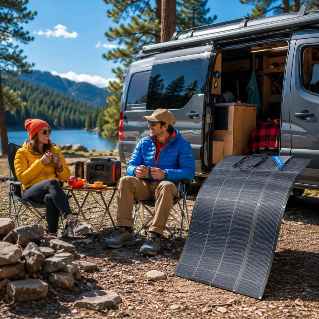 ECO-WORTHY 200W flexible solar panel generating power beside a camper van at a sunny lakeside campsite, supporting an off-grid camping setup.