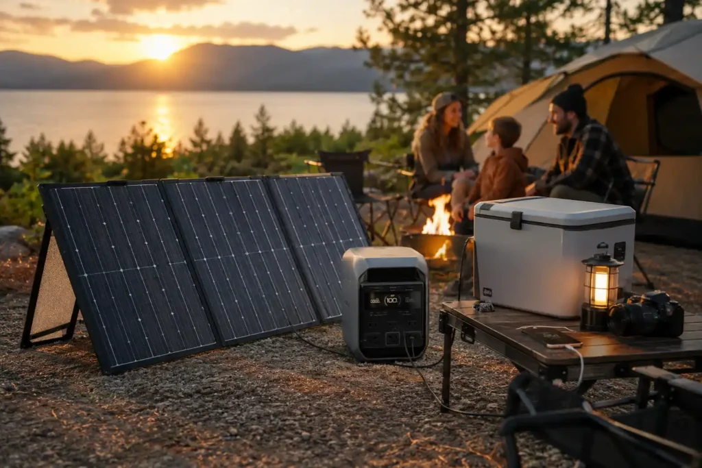 EcoFlow 220W Bifacial Portable Solar Panel connected to a portable power station while powering a portable refrigerator, LED lantern, and electronic devices at a family campsite during sunset.