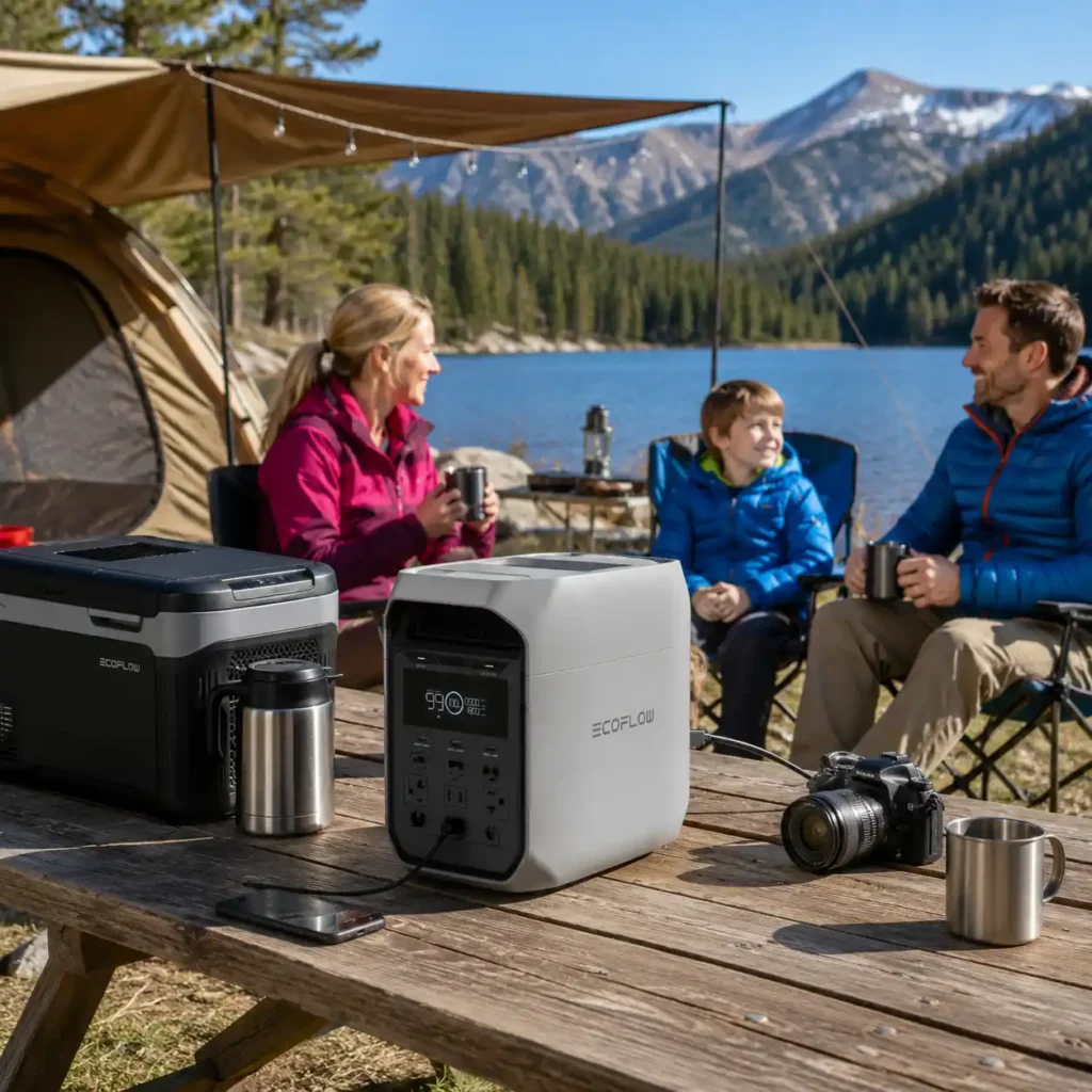 EcoFlow DELTA 3 portable power station powering camping essentials during a family lakeside camping trip on a sunny day.