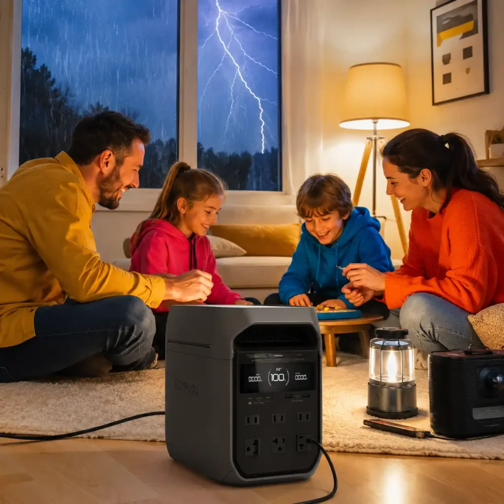 EcoFlow DELTA 3 Plus portable power station supplying backup power in a family living room while people continue normal activities during a nighttime power outage.