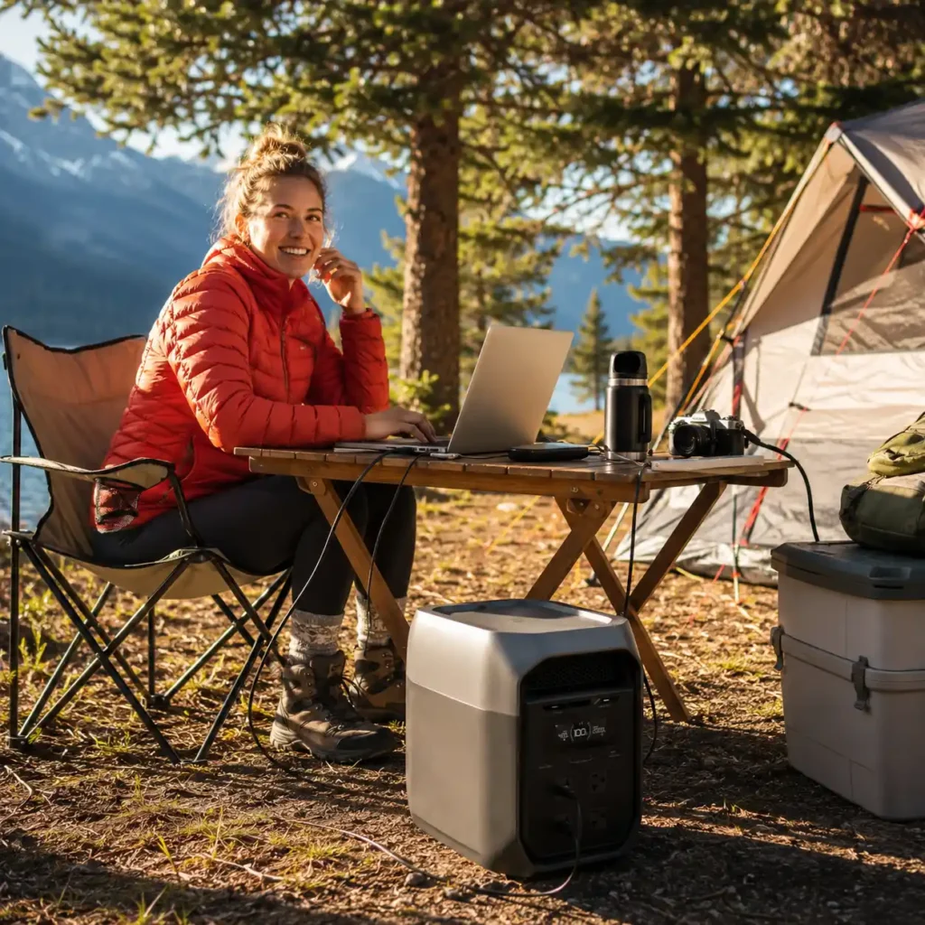 EcoFlow DELTA 3 portable power station powering lights, a laptop, and camping equipment beside an RV at a lakeside campsite at dusk.