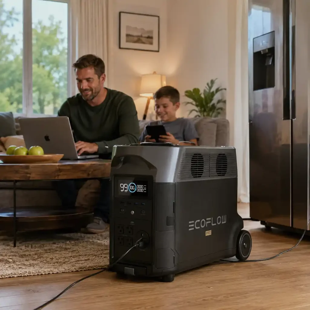 EcoFlow DELTA Pro portable power station powering essential household devices in a modern home during a power outage.