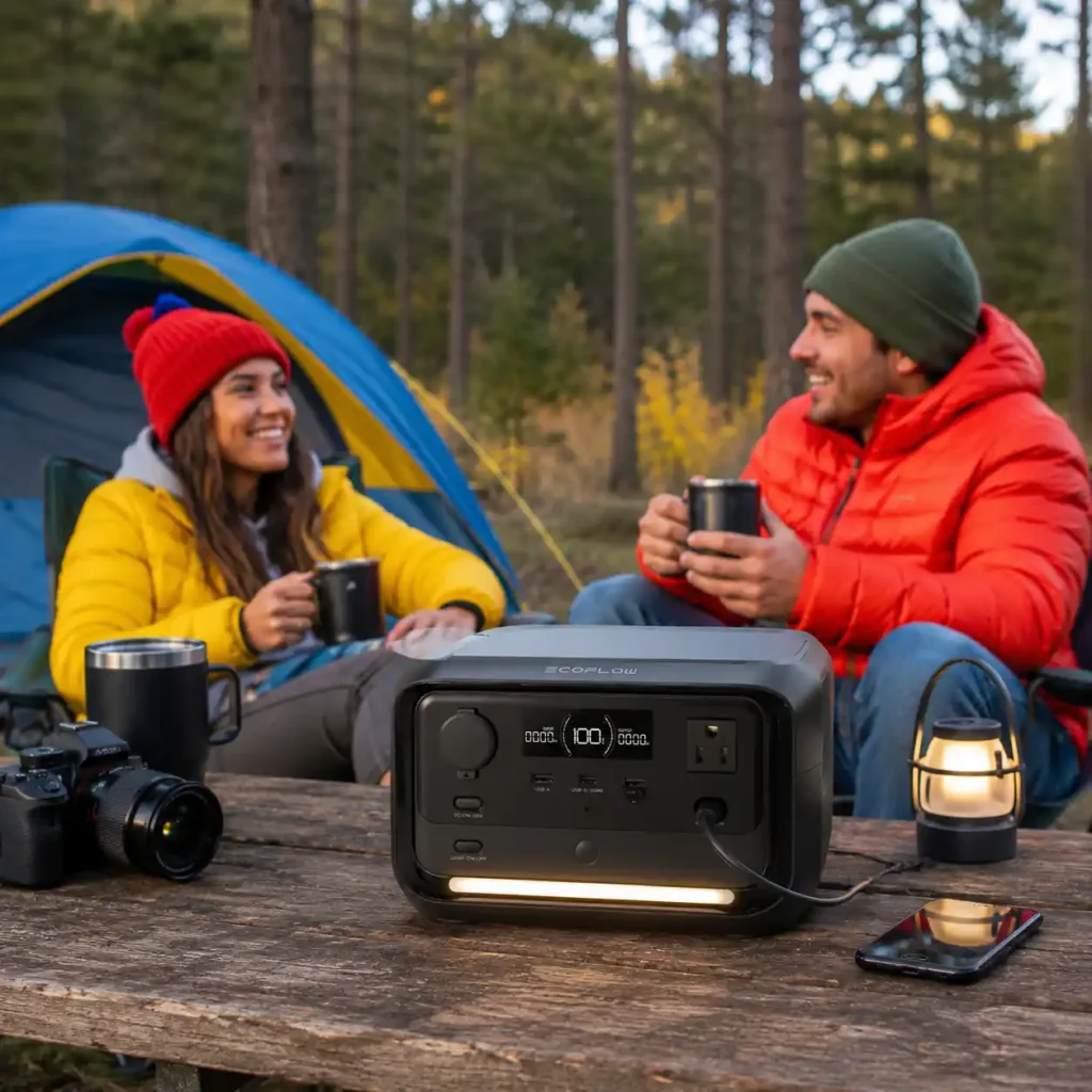 EcoFlow RIVER 3 Plus portable power station powering camping essentials on a picnic table while two campers relax beside a tent in a forest campsite.