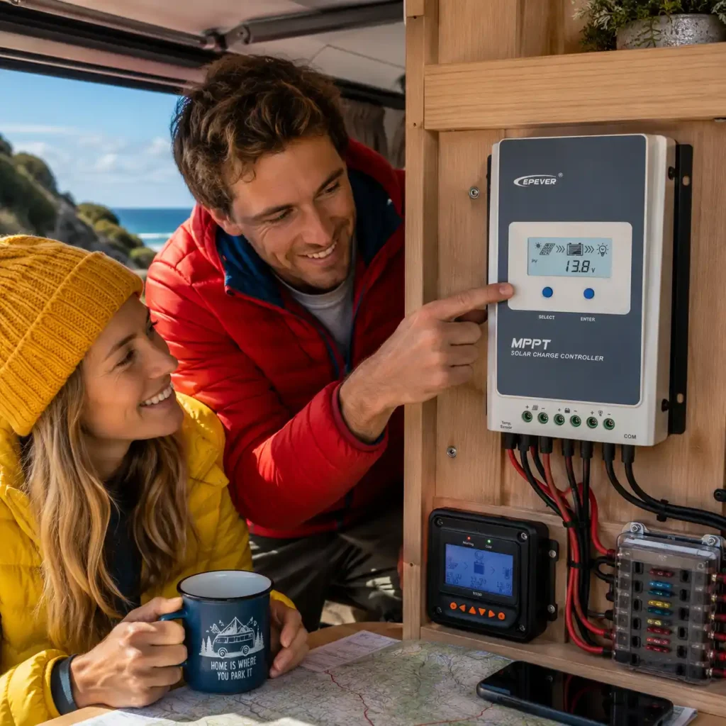 EPEVER Tracer 4210AN MPPT solar charge controller installed inside a camper van with campers monitoring the off-grid solar charging system.