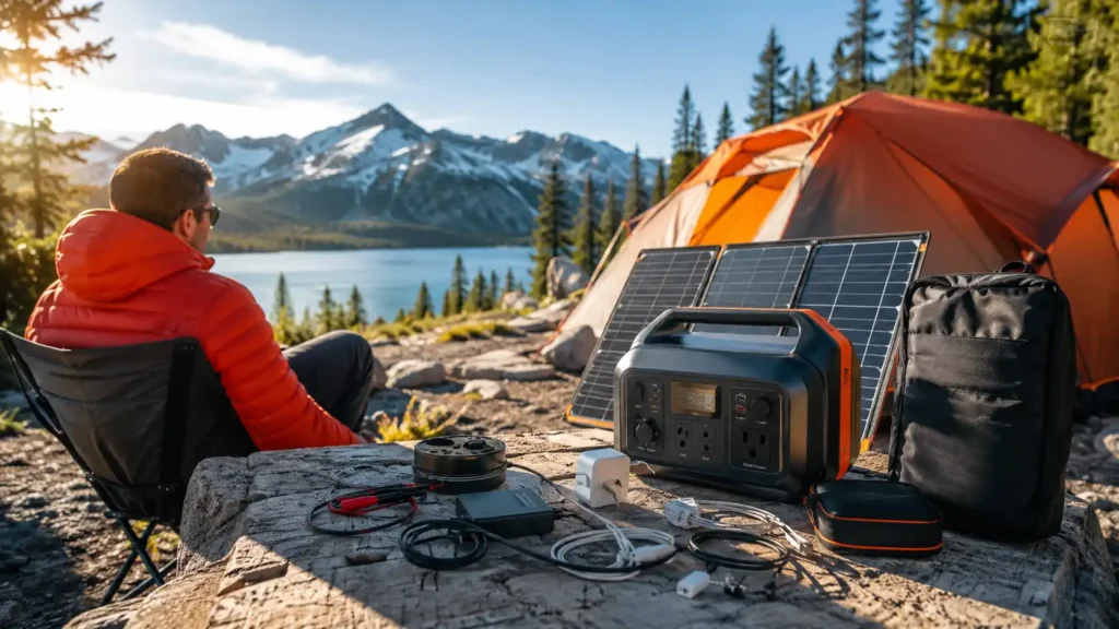 Essential portable power station accessories including solar panels, charging cables, adapters, carrying case, and portable power station at a sunny campsite.