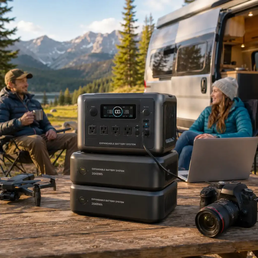 Portable power station connected to expandable battery packs at a campsite beside a camper van, providing extended off-grid power for camping equipment and electronic devices.
