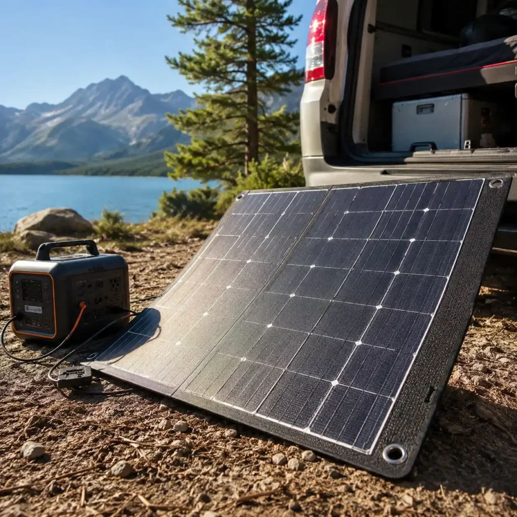Flexible solar panel connected to a portable power station generating electricity in direct sunlight at a lakeside campsite