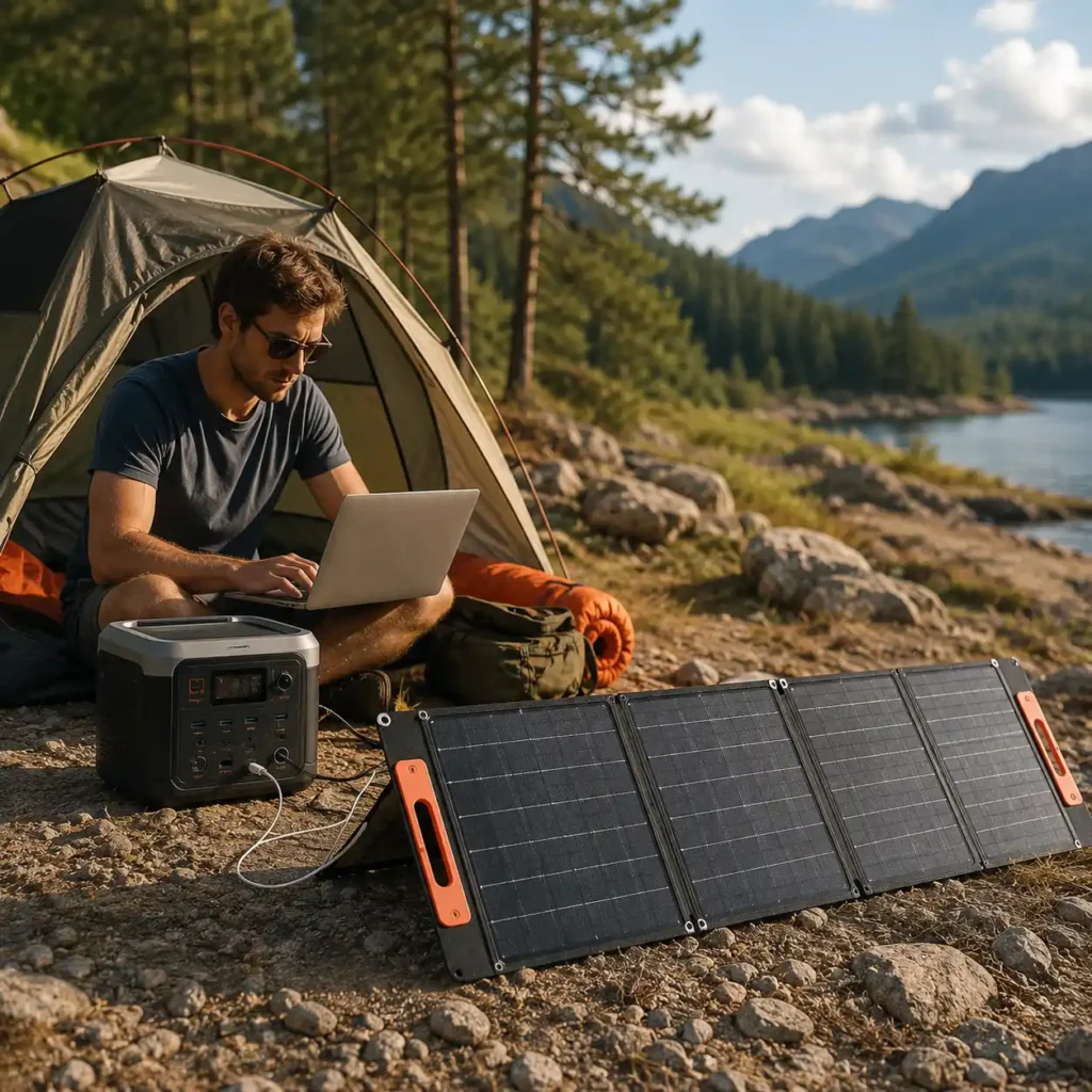 Flexible solar panel charging a portable power station at a lakeside campsite under natural sunlight, demonstrating real-world outdoor performance.