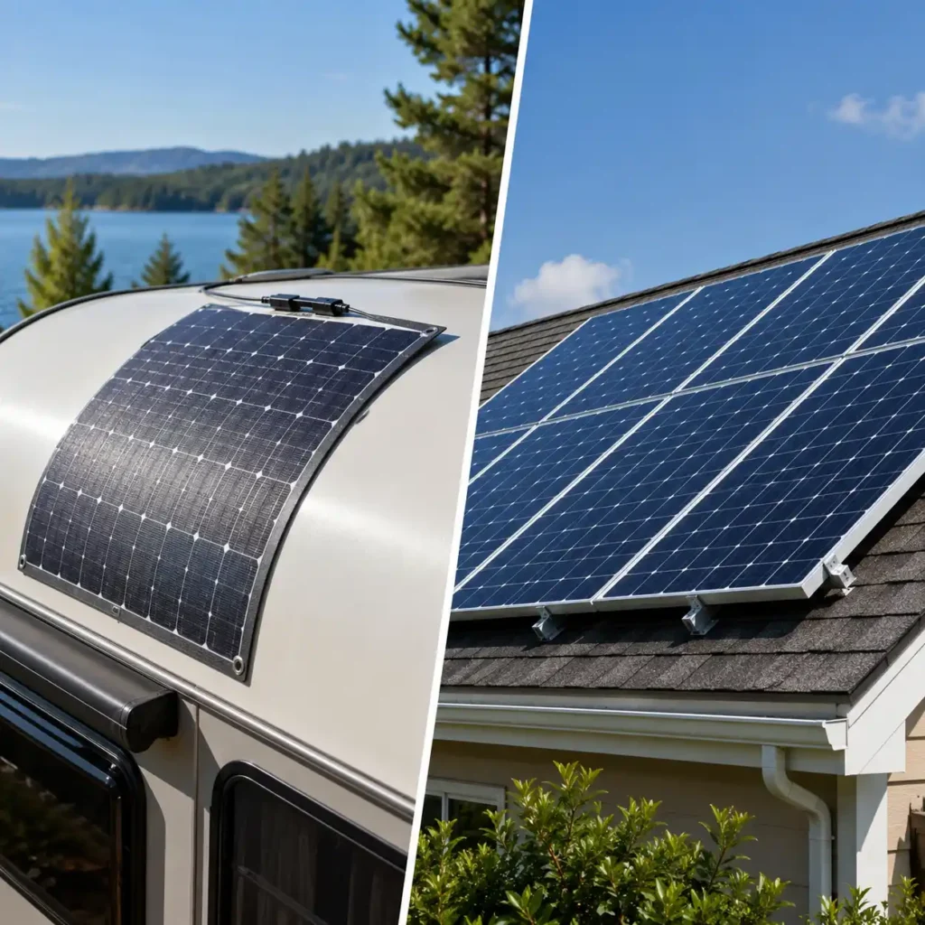 Side-by-side comparison of a flexible solar panel mounted on an RV roof and rigid solar panels installed on a residential rooftop under sunny conditions.