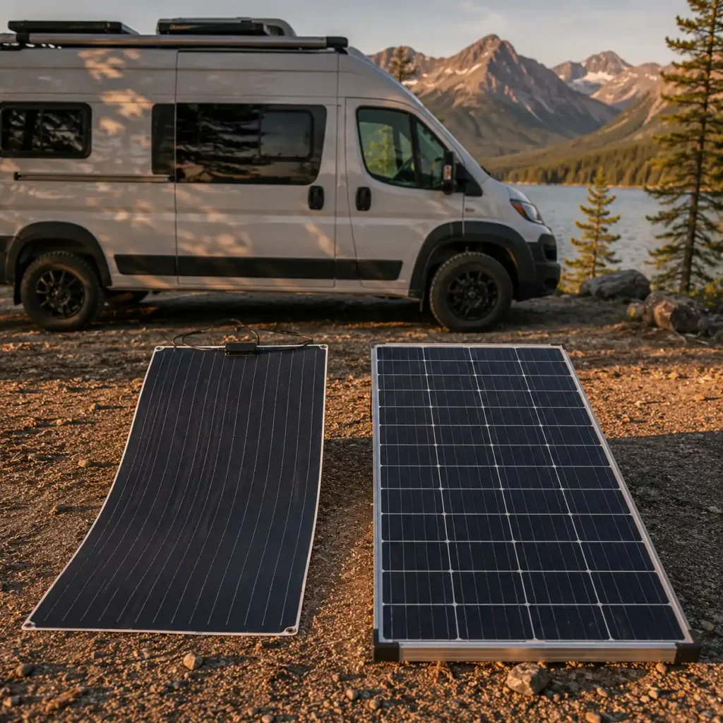 Flexible solar panel and rigid solar panel displayed side by side beside a camper van at a lakeside campsite for an off-grid comparison.