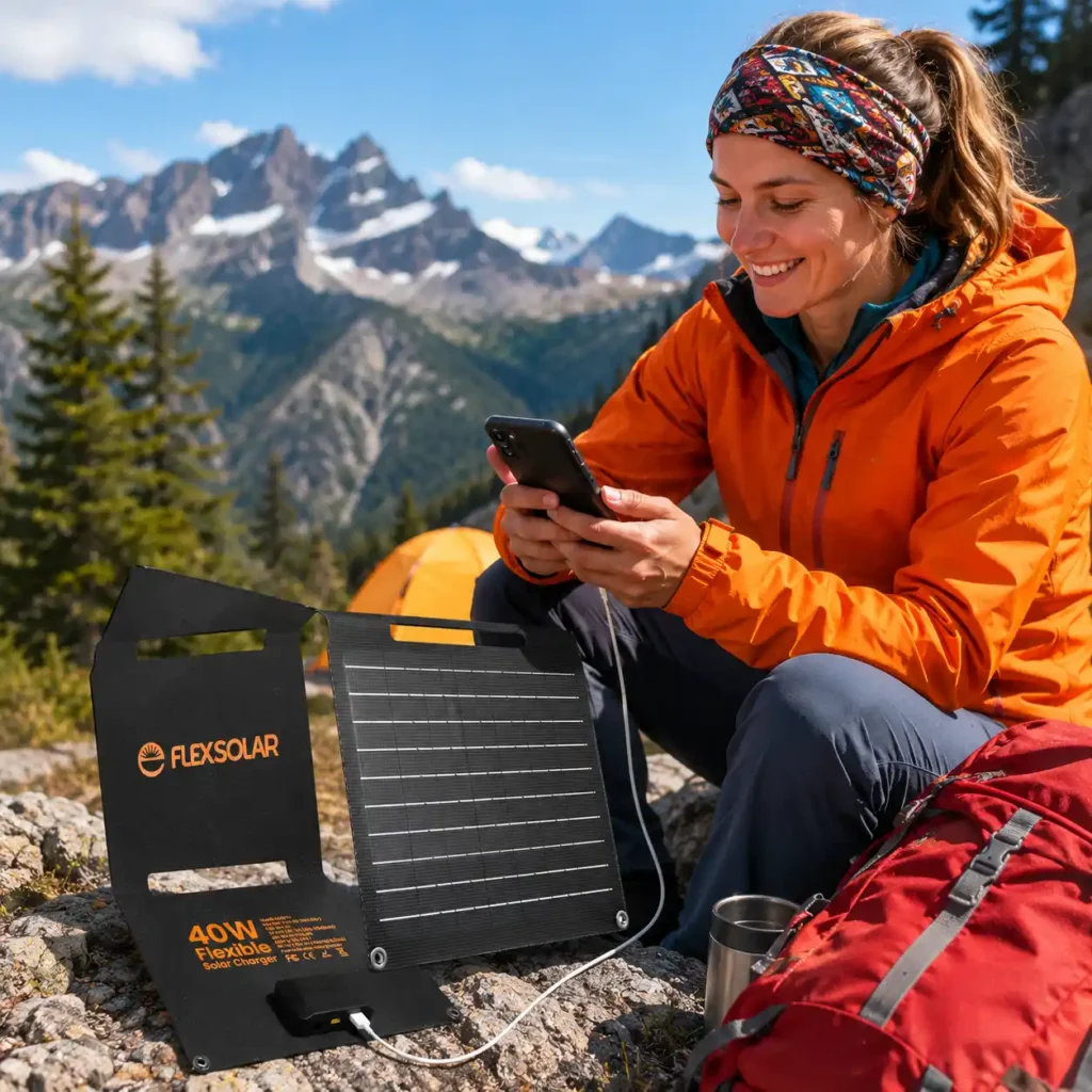 Camper using the FlexSolar 40W foldable solar charger to charge a smartphone during a sunny mountain camping trip with a backpack and tent nearby.