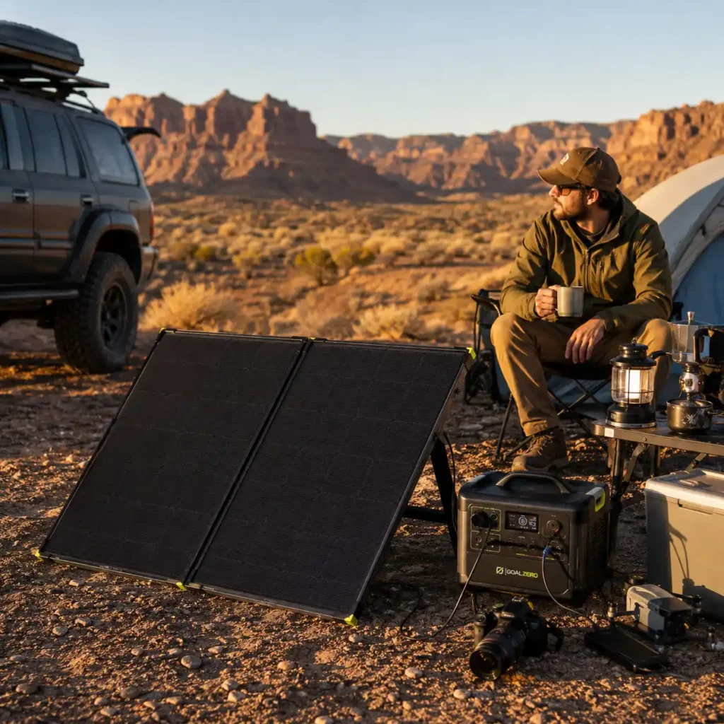 Goal Zero Nomad 200 Solar Panel connected to a portable power station at a remote desert campsite while powering outdoor equipment during sunrise beside an overlanding vehicle.